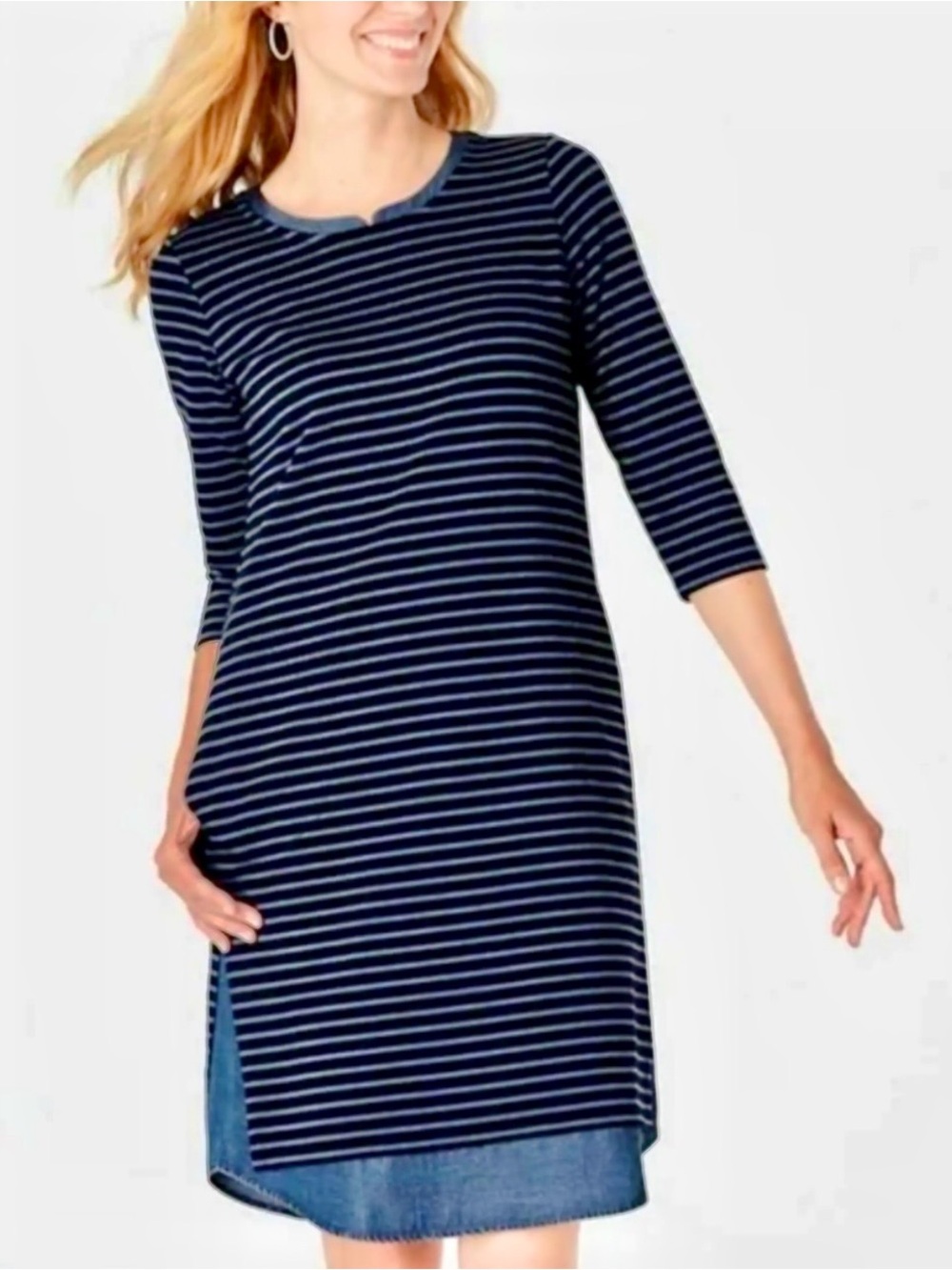 J.Jill Striped Dress Small Denim Trim Hem 3/4 Sleeve Casual Shift
